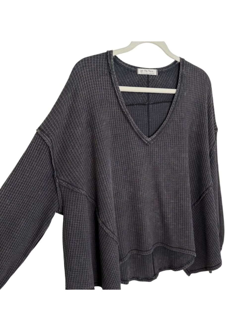We The Free Charcoal Waffle Knit Oversized V-Neck Top, S - Picture 3 of 7